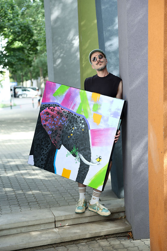 Acrylgemälde mit Elefant und Kohlmeise, vom Wiener Künstler Markus Buchsbaum gehalten.
