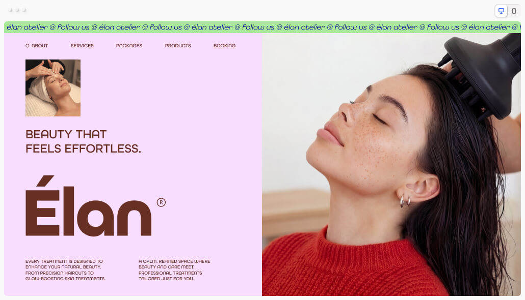Élan Atelier website homepage featuring a woman receiving a scalp massage with a hair dryer, showcasing professional beauty treatments with the tagline "Beauty that feels effortless"