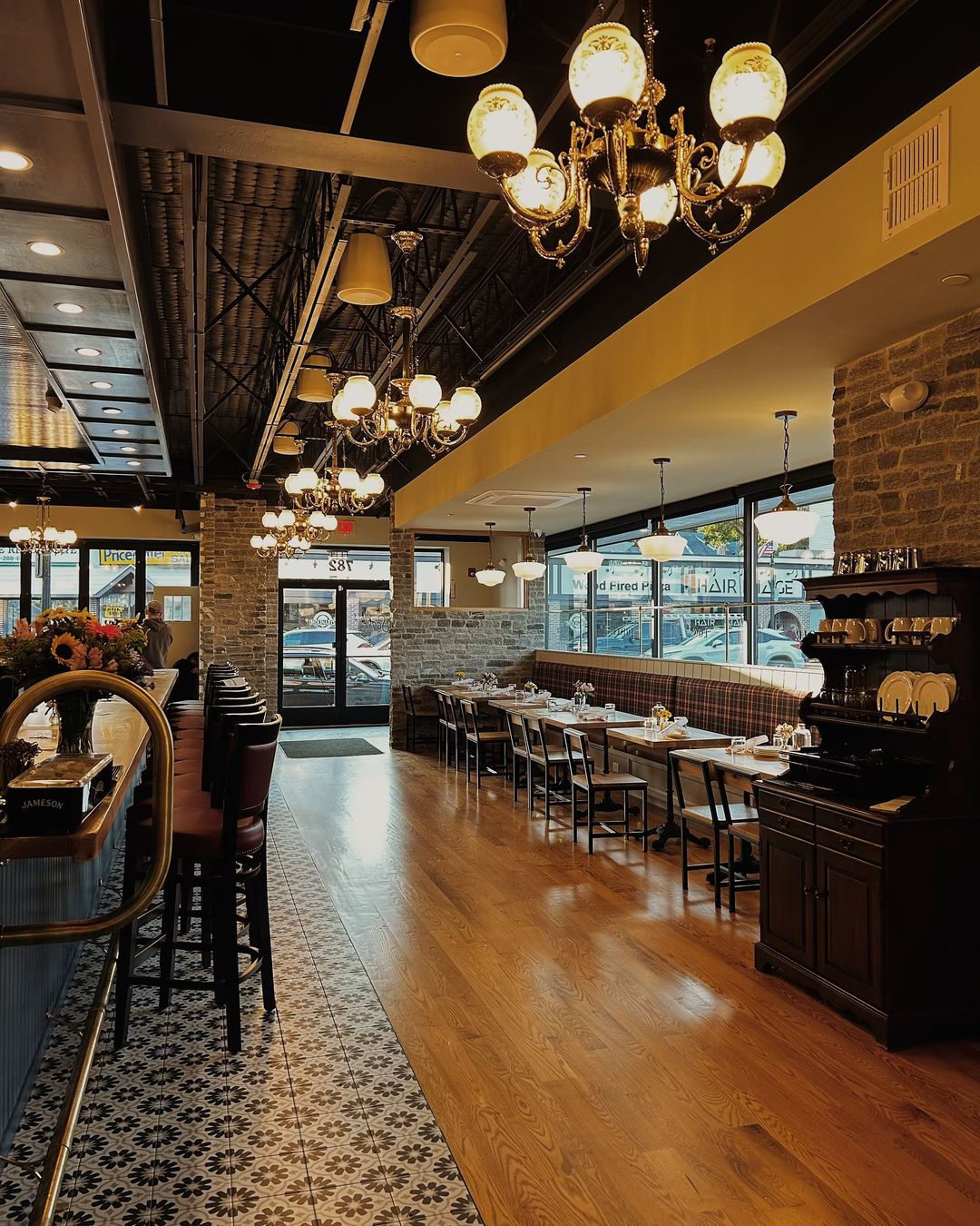 Custom Banquettes crafted by Lousso Designs, featured at Scobie’s Café & Bar in Dorchester, MA