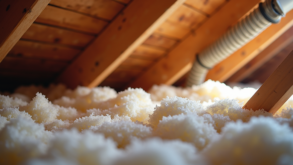 Close-up view of attic insulation and ventilation system
