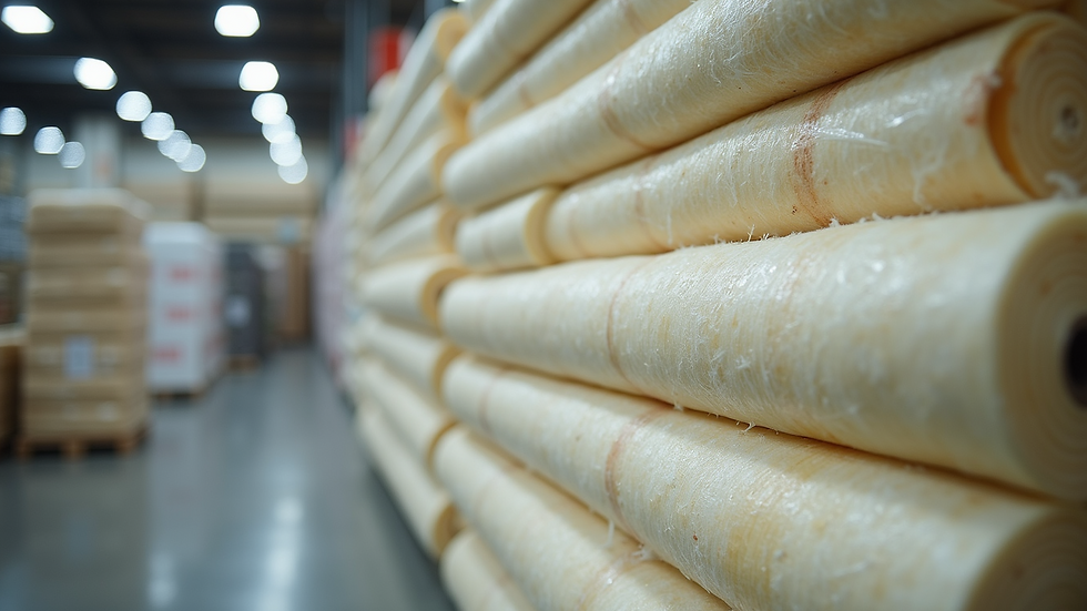 Close-up view of insulation material rolls stacked in a home improvement store