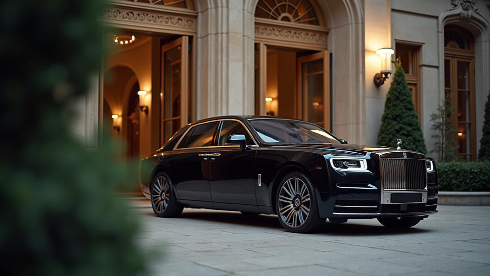 Eye-level view of a luxury black car parked outside a grand hotel entrance