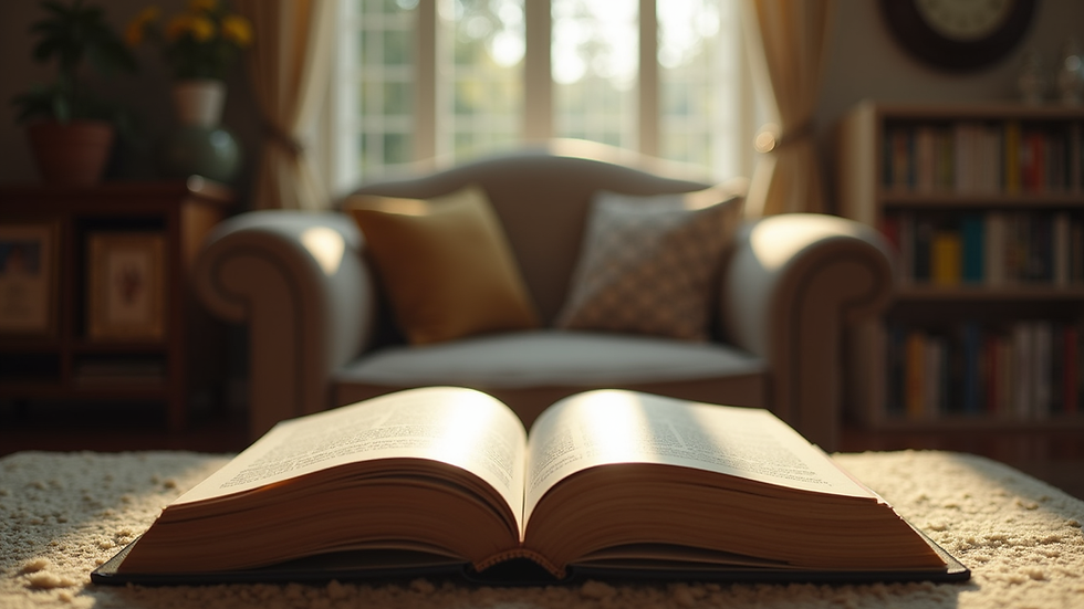 Eye-level view of a cozy reading nook with a stack of books