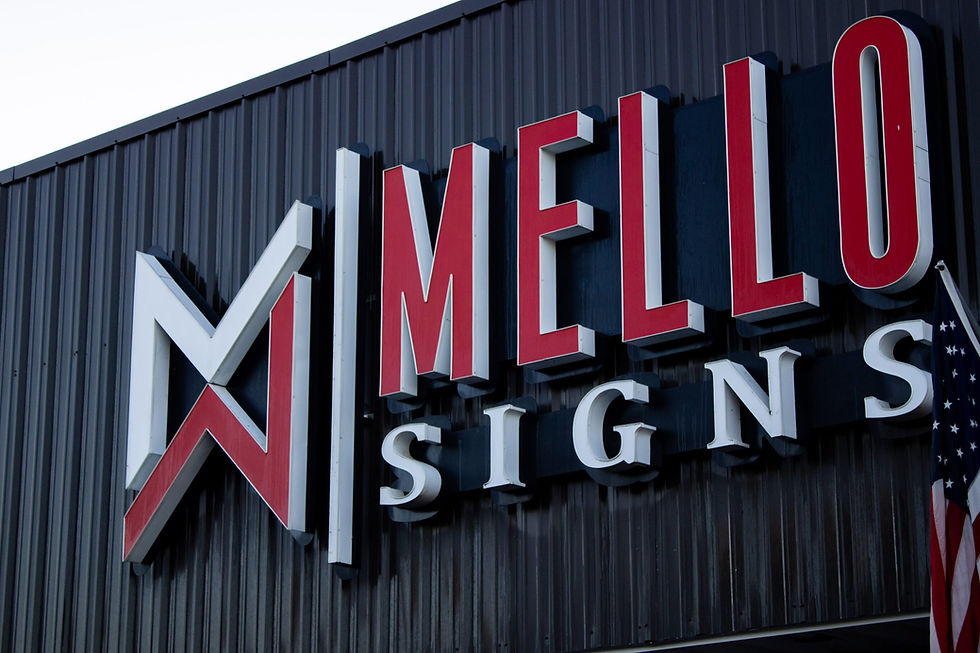 Mello Signs logo channel letter wall sign installed at their manufacturing facility where you can start your career today.