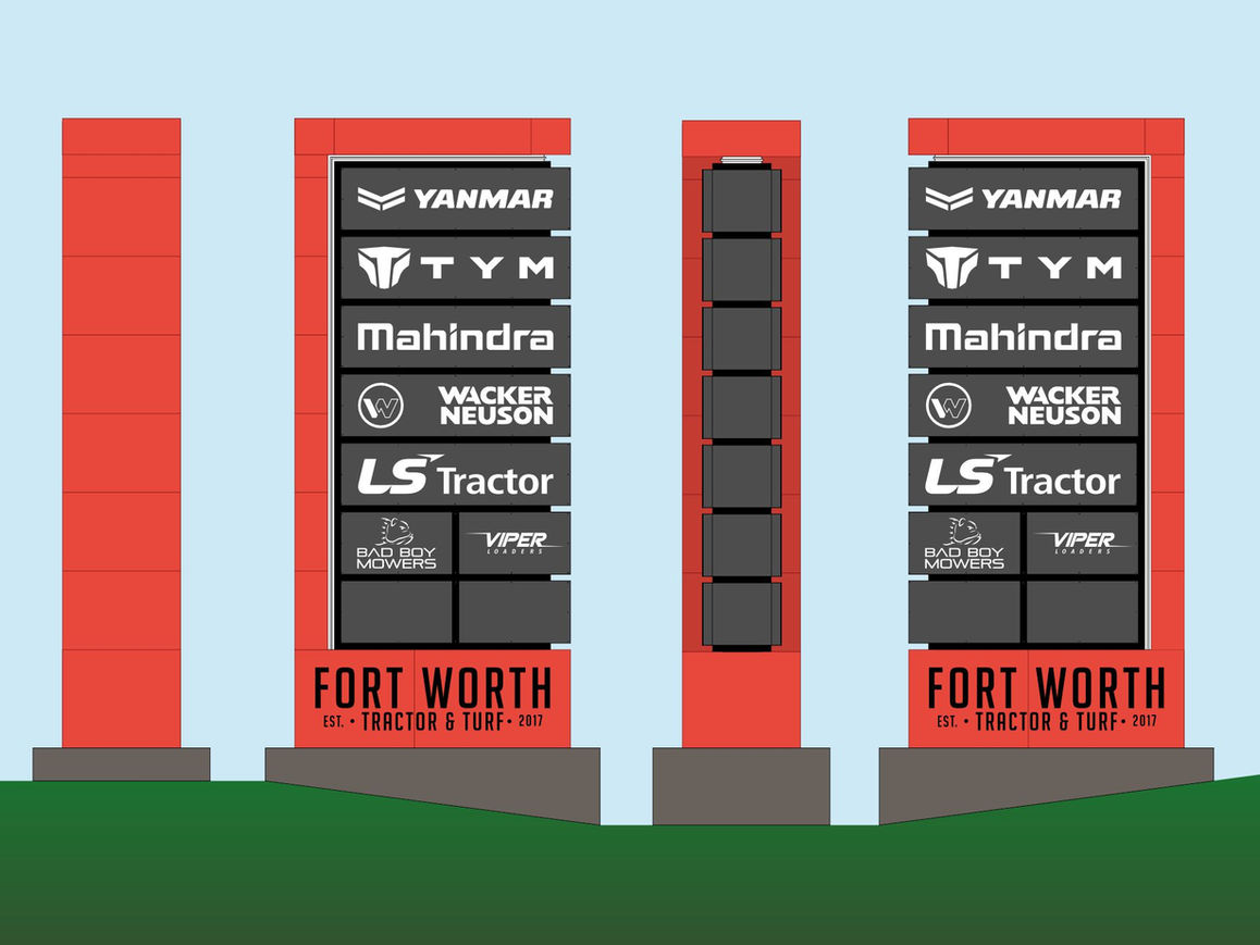 Design drawing of a towering, freestanding, monument sign with several brand names, using Mello Signs' design services in DFW