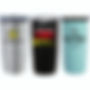 Three promotional tumblers in different colors with custom printed business logos, for event giveaways or to sell.