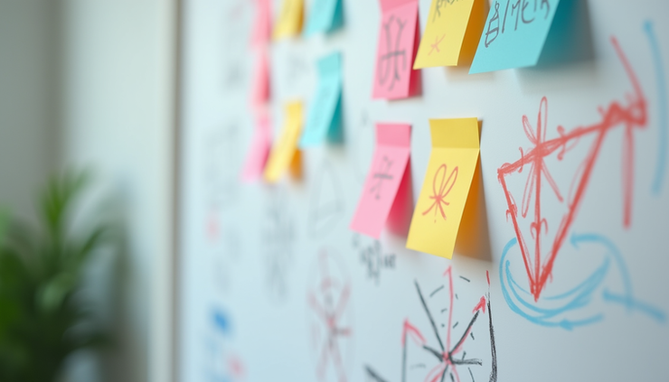 Close-up of a whiteboard with colorful sticky notes and sketches representing ideas