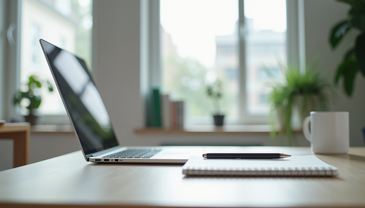 Eye-level view of a modern workspace with a single laptop and notebook on a clean desk
