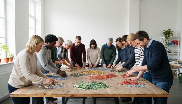 Wide-angle view of a diverse group sorting colored puzzle pieces on a wooden table.