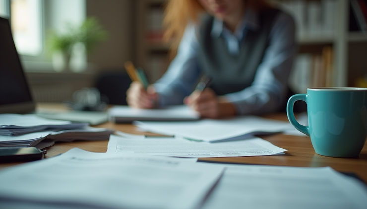 Eye-level view of a cluttered desk with scattered papers and a stressed employee's workspace