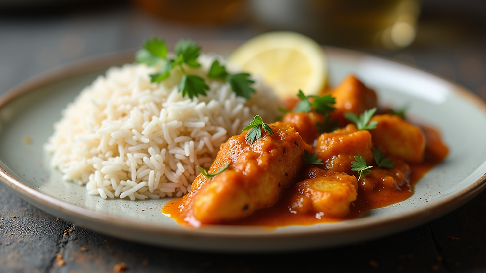 Close-up view of a plated East Indian fish masala served with steamed rice
