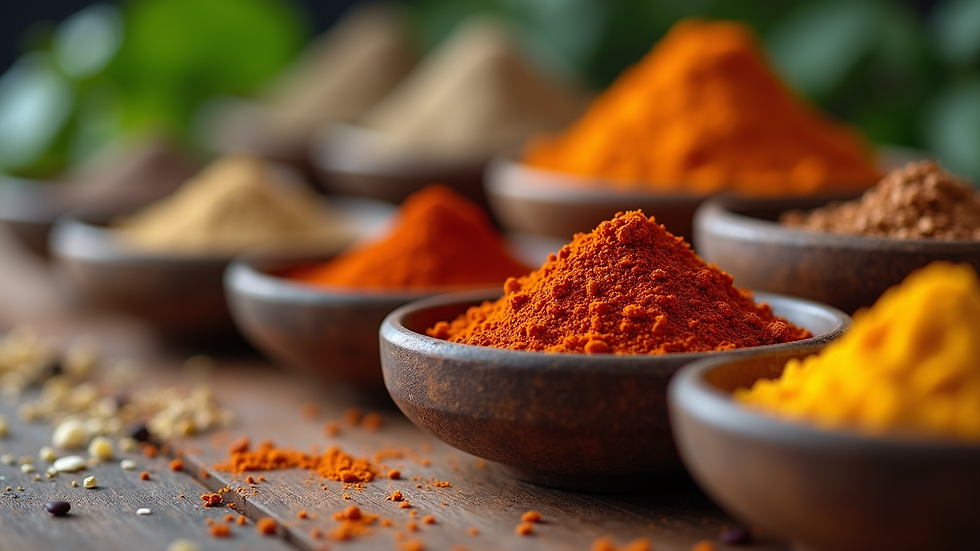 Eye-level view of assorted spices in small bowls arranged on a wooden table