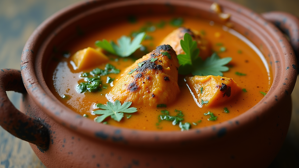 Close-up view of a traditional Bengali fish curry in a clay pot