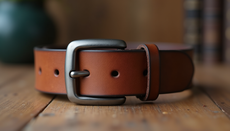 Close-up view of a classic brown leather belt with a silver buckle on a wooden surface