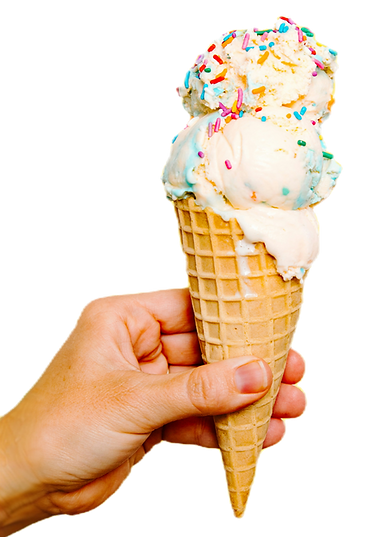 A hand holding an ice cream cone with sp