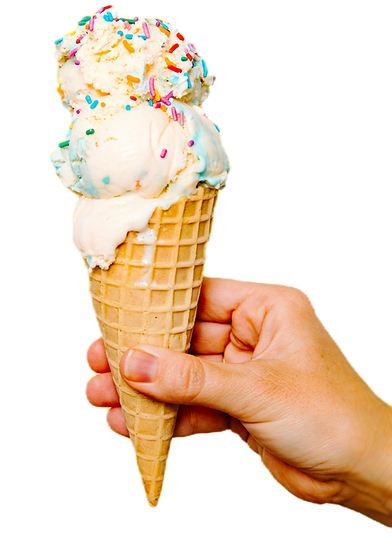 A hand holding an ice cream cone with sp