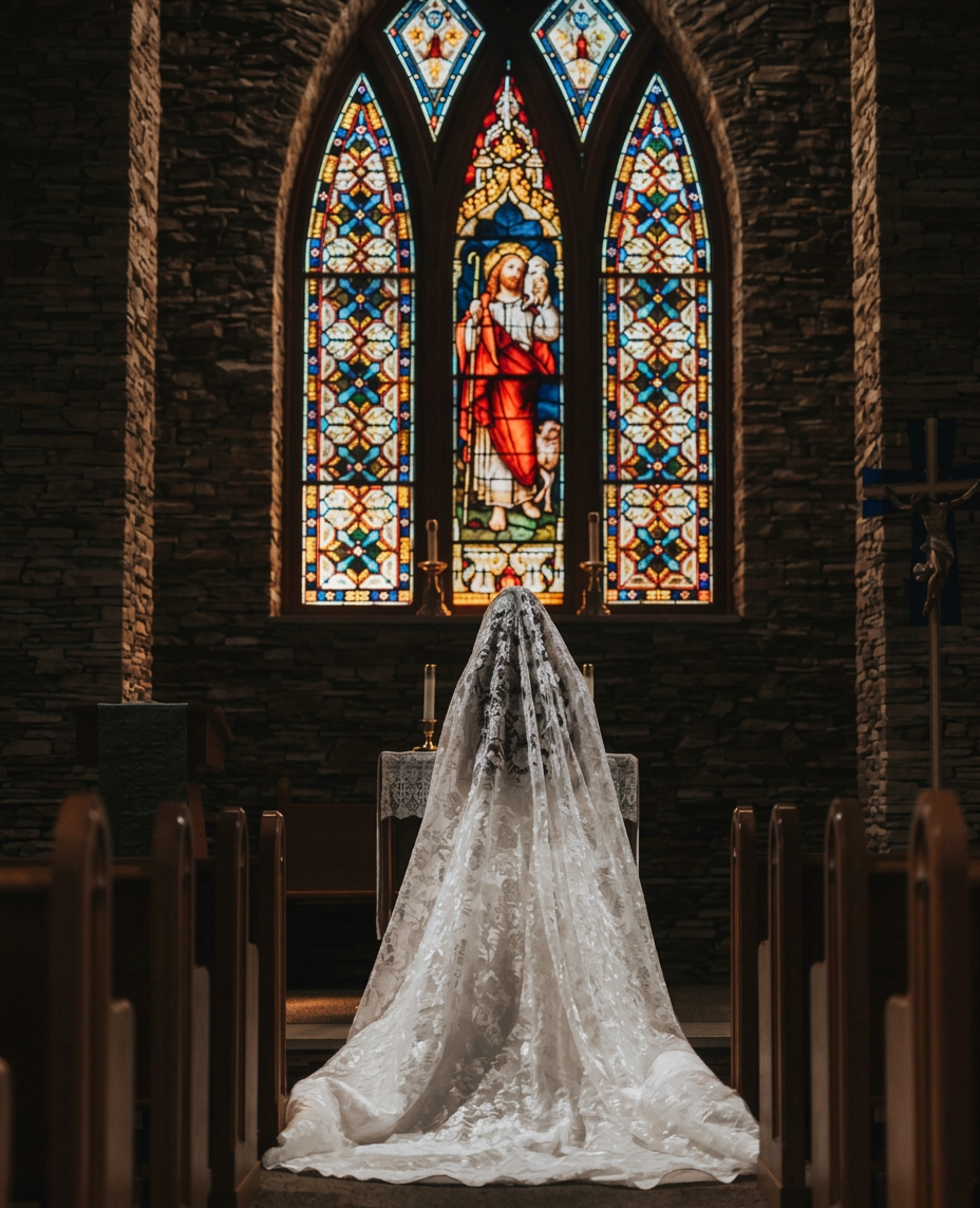 Novia de espaldas frente a vitral en una iglesia