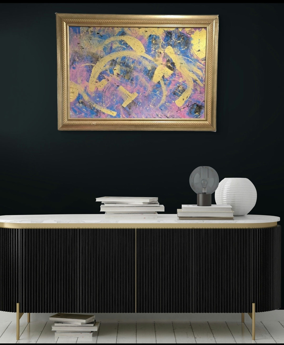 beautiful abstract painting with the colors pink gold black blue with gold frame