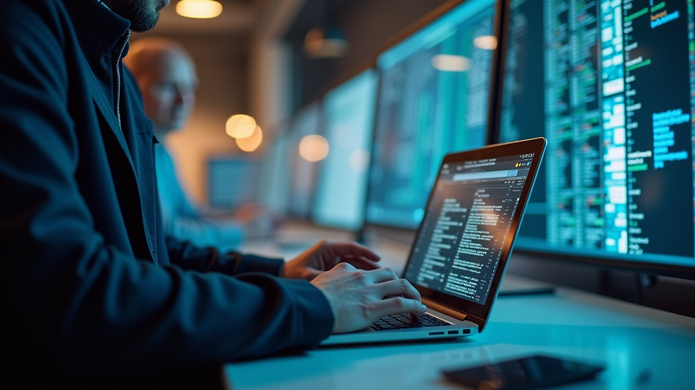 Eye-level view of a technician working on a laptop remotely