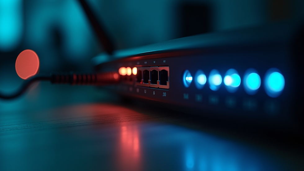 Close-up view of a router with blinking lights