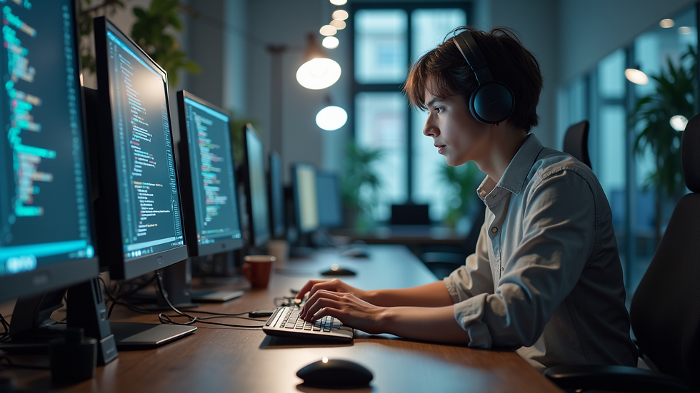 Eye-level view of a developer working on code in a modern office