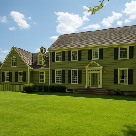 Two-story home with green exterior siding and black shutters painted in Princeton, NJ
