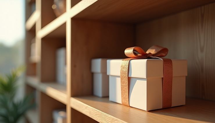 Close-up of the new gift item displayed on a rustic wooden shelf with soft natural light