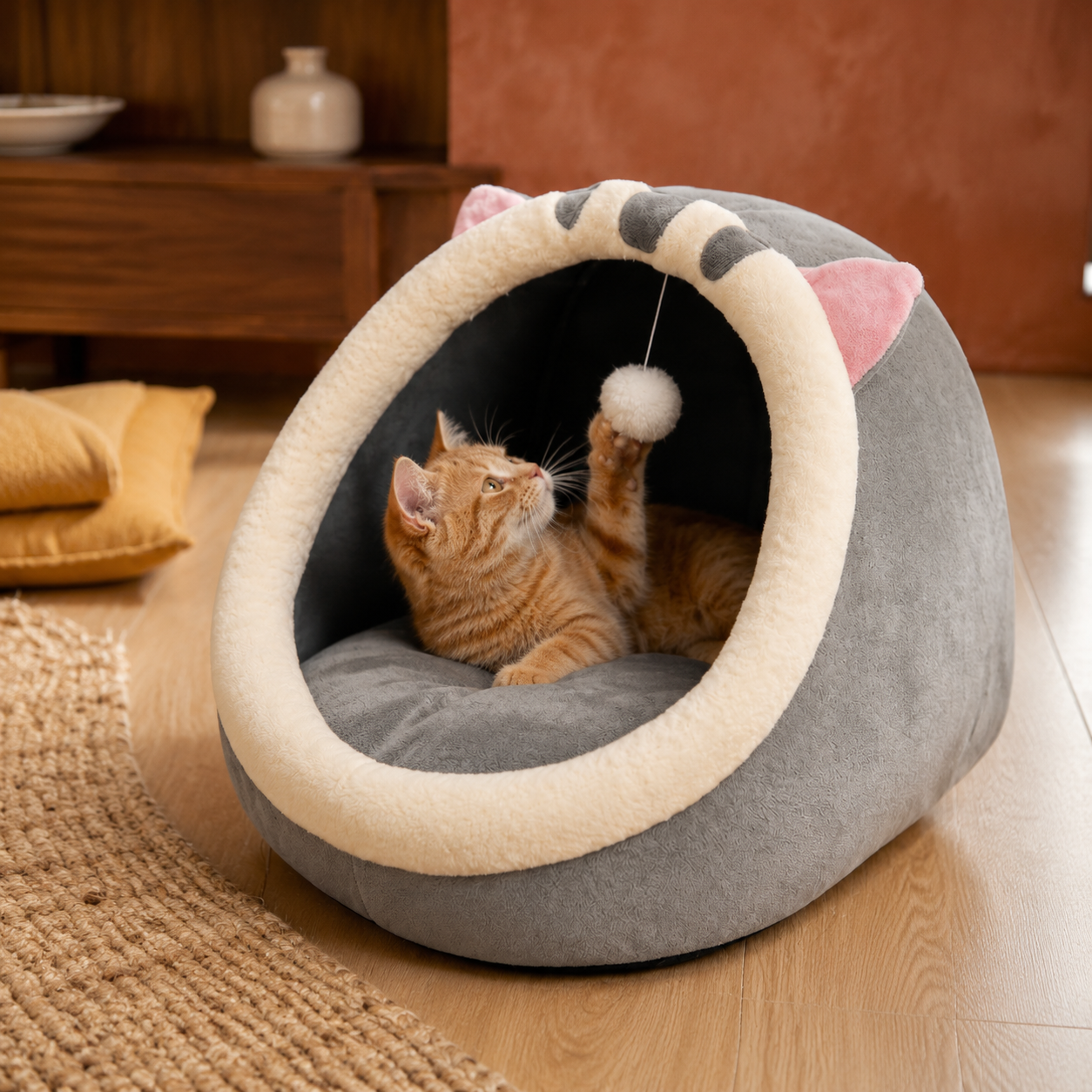 Plush Cave Pet Bed for Cats & Small Dogs