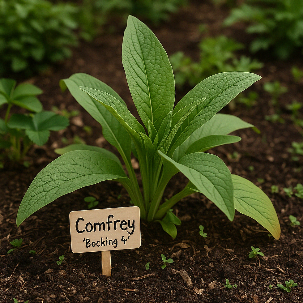 Fully grown comfrey plant labeled Bocking 4 in a garden bed with watering can in background