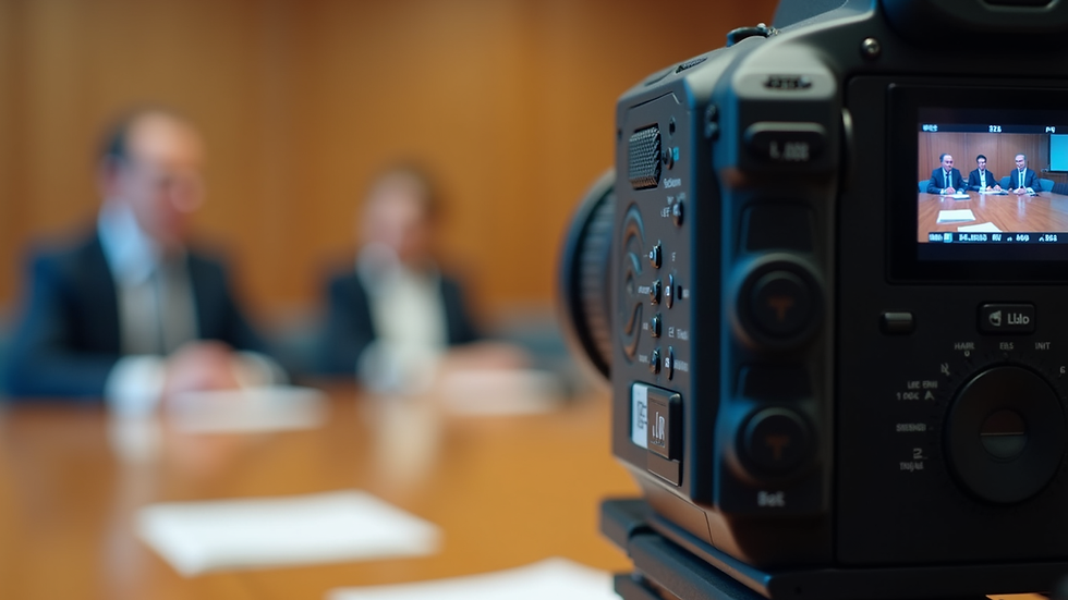 Eye-level view of a video camera recording a legal deposition in a conference room