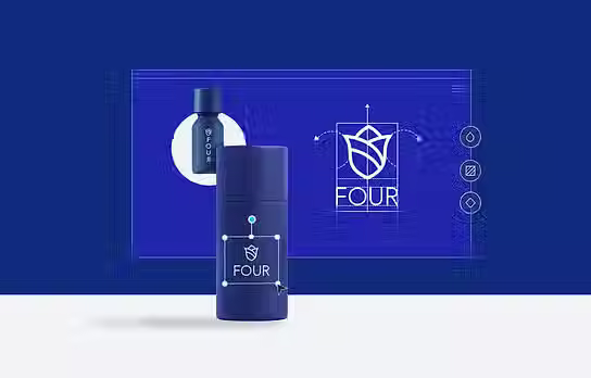 Mavi zemine yerleştirilmiş bir şişe resmi ve üzerinde FOUR yazan çiçek logosu