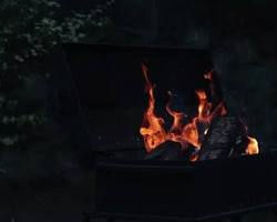 Orman içinde yanan odun ateşi ve dumanı tüten köz ızgarası atmosferi