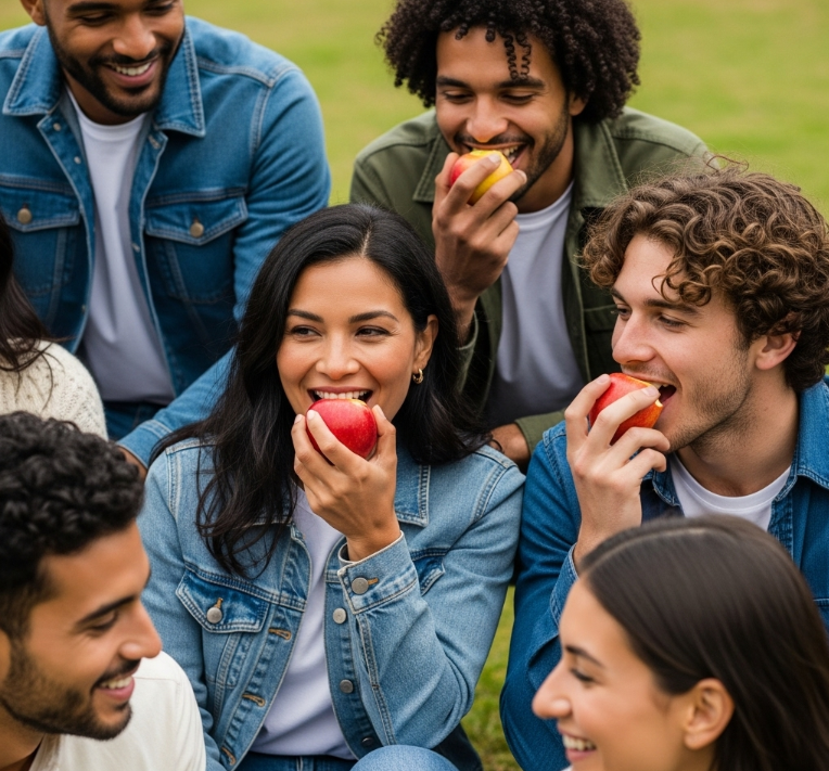 Group of friends in casual jackets enjoy apples in a grassy park. They're smiling and laughing, creating a joyful and relaxed atmosphere.