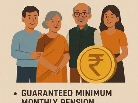 Four people smiling with a large coin beside them. Text reads "ATAL PENSION YOJANA" and details a pension plan for ages 18-40.