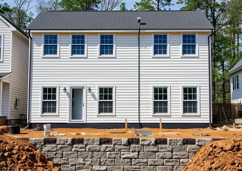 White two-story house under construction with a red dirt yard and stone retaining wall. Surrounded by trees and neighboring homes.