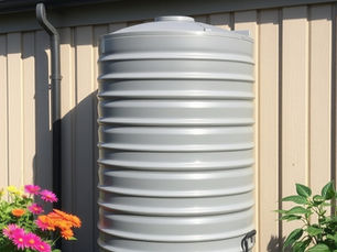 Rainwater harvesting tank behind a shed.
