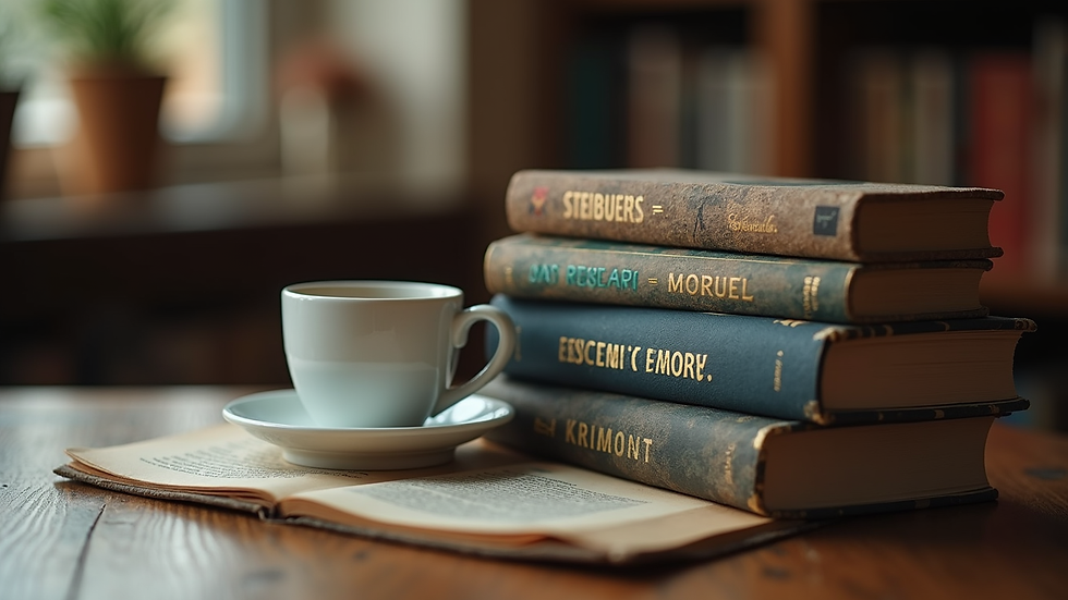 Close-up of a stack of thriller novels with a coffee cup