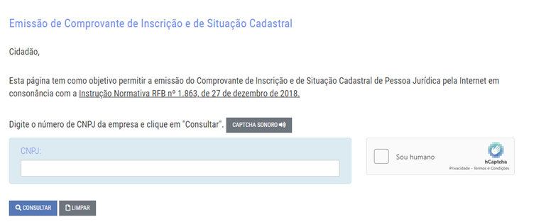 Tela para descobrir o CNPJ na Receita Federal do Brasil RFB