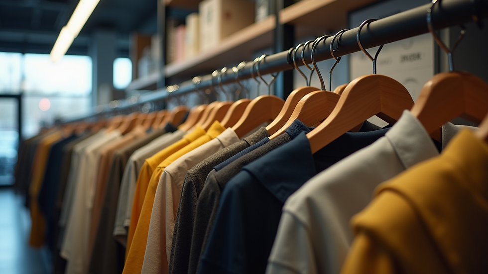 Eye-level view of a clothing stand displaying SNAFU merchandise