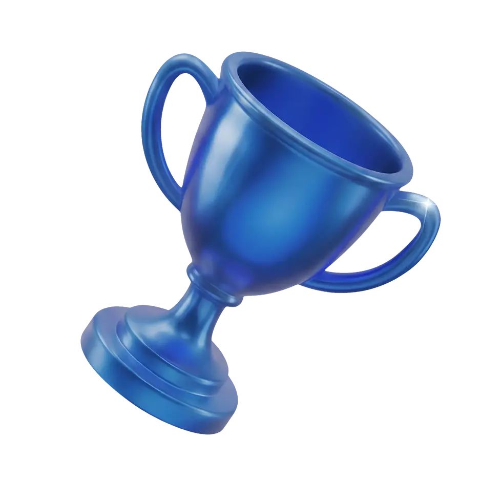 Metallic blue trophy cup on a black background