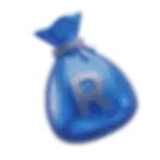 Blue money bag with a silver letter R