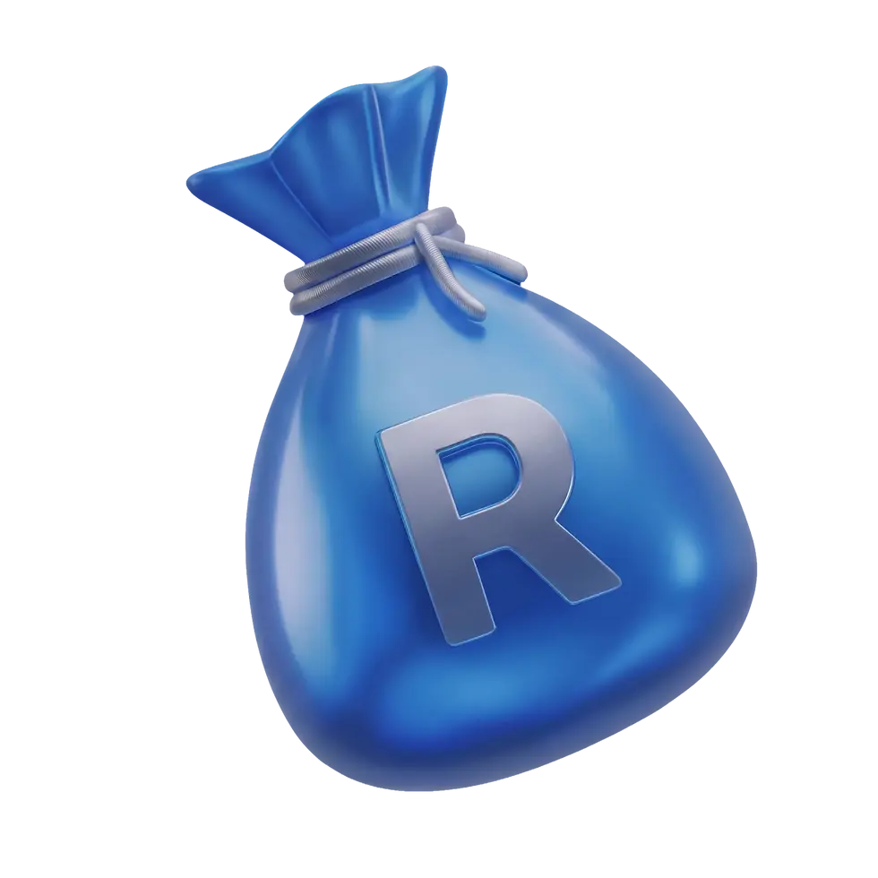 Blue money bag with a silver letter R