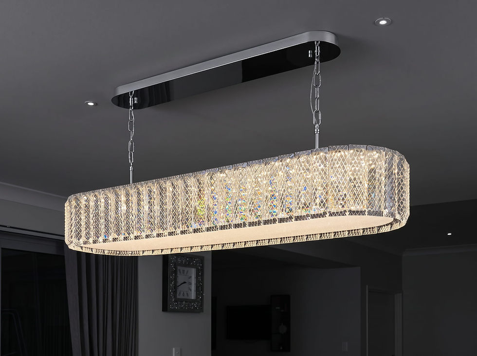 Linear crystal pendant light glowing at night in a Perth home, installed by Wiser Electrical Services