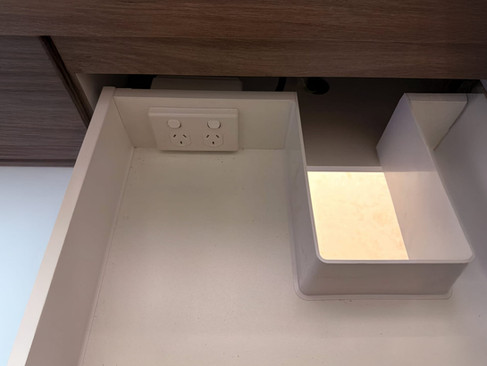 Recessed power points installed inside bathroom vanity drawer by Wiser Electrical Services Perth