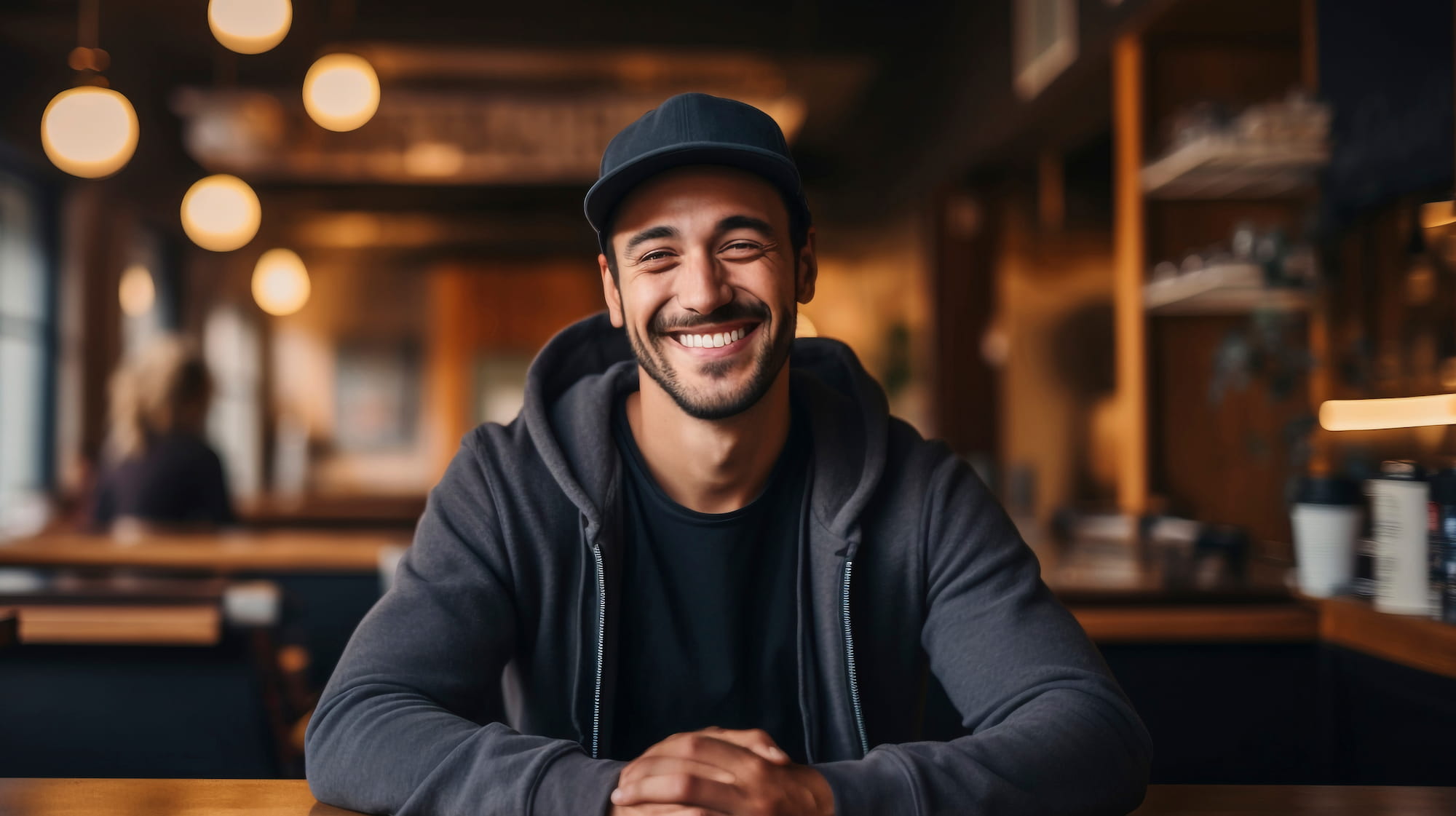 Smiling man in a cap at a cafe