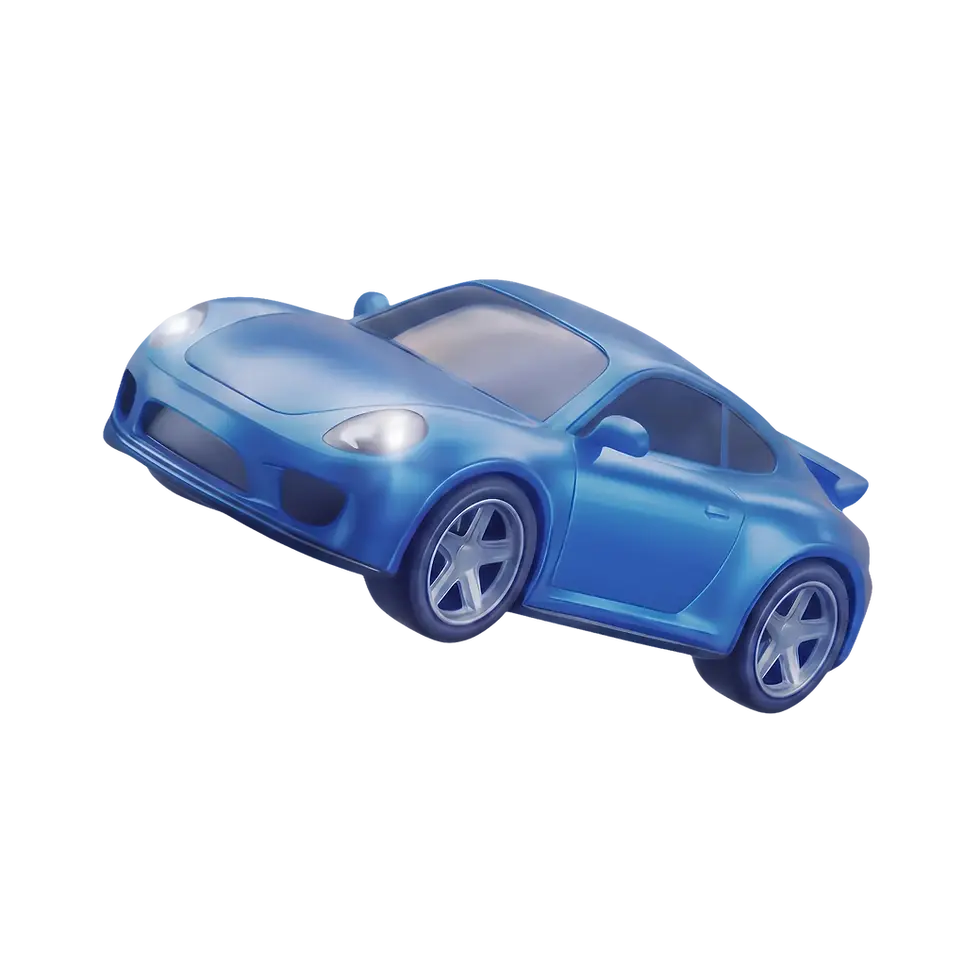 Small blue toy sports car angled upward on a black background