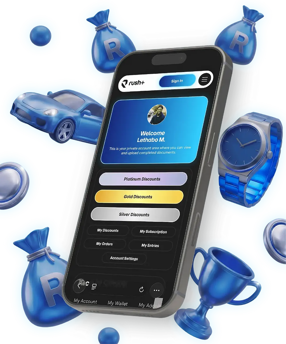 Mobile app interface surrounded by floating blue rewards.