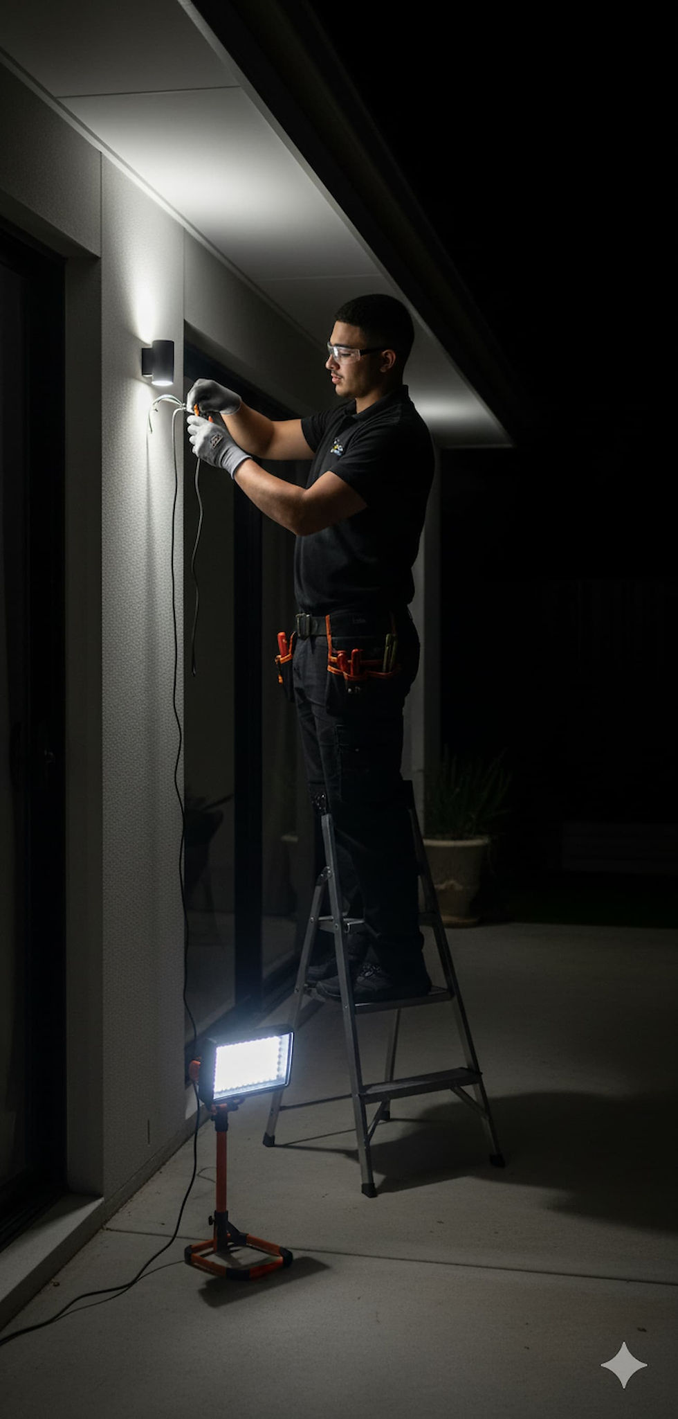 Electrician installing outdoor lighting at night with a spotlight Wiser Electrical Services