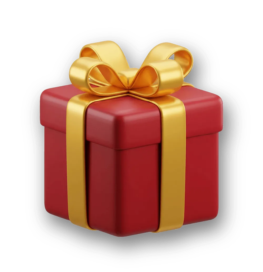 Red gift box with a gold ribbon and bow