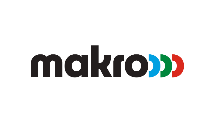 Makro logo with blue, green, and red curved symbols